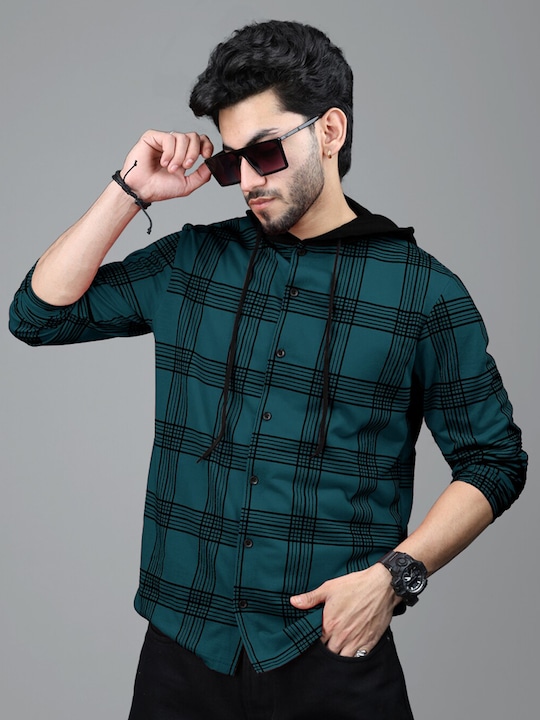 Checked Cotton Hooded Long Sleeves Pockets Casual Shirt